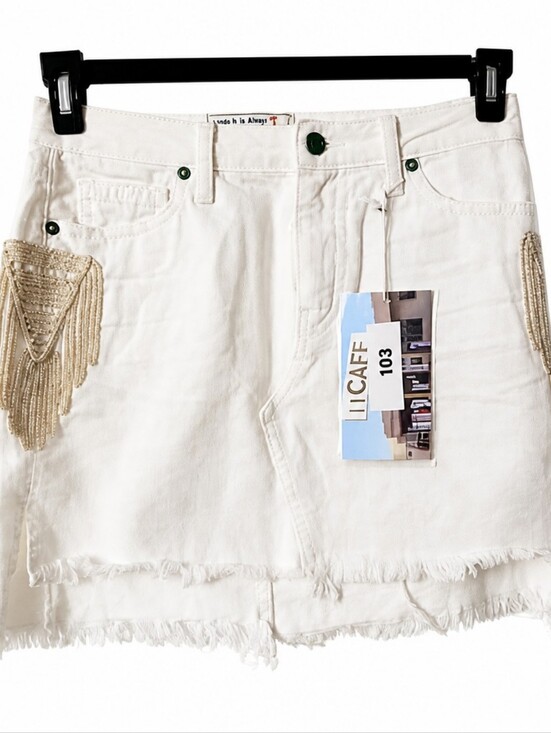 FP Movement by Free People Dresses & Skirts - White Denim Skirt Movement By Free People with Fringe and Gold Accents
